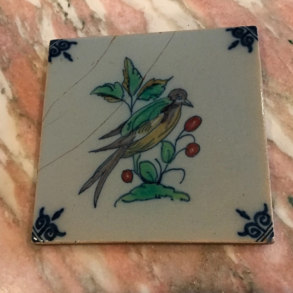 Delft tile, handmade 60s vintage, REPAIRED, bird#4